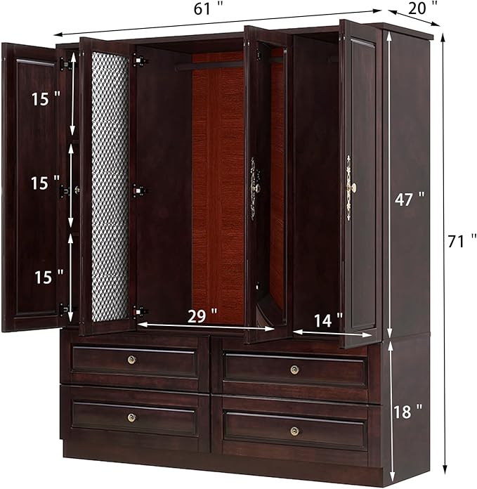 Solid Wood Armoire Wardrobe Closet, 4 Door Solid Wood Wardrobe Cabinet with 4 Drawers, Armoire Closet with Hanging Rods Storing Clothes for Bedroom (Dark Brown-7)