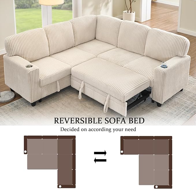 81" Modular Sectional Sofa, L-Shaped Convertible Sectional Sleeper Sofa Bed with Pull Out Bed, Storage Chaise, USB & Type-C Charging, 5-Seat Corduroy Couch for Living Room Apartment, Beige