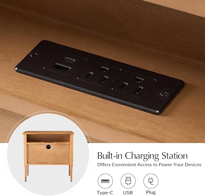 HULALA HOME Solid Wood End Table with Charging Station, Mid-Century Modern End Table with 2 Drawer, Adjustable Solid Wood Feet, Easy Assembly Set of 2, Teak - Image 3