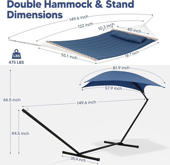 SUNCREAT Hammocks for Outside with Stand, Sunshade, Porch Hammock and Stand, 475 lbs Capacity, Patent Pending, Navy - Image 5