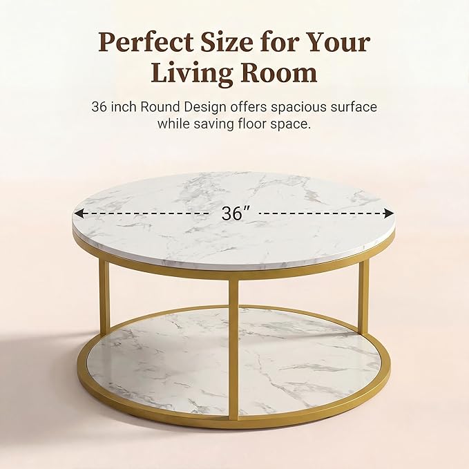 JUMMICO 36" Coffee Tables with Storage, 2-Tier Round Coffee Table, Center Table for Living Room, Furniture for Small Spaces, White Marble