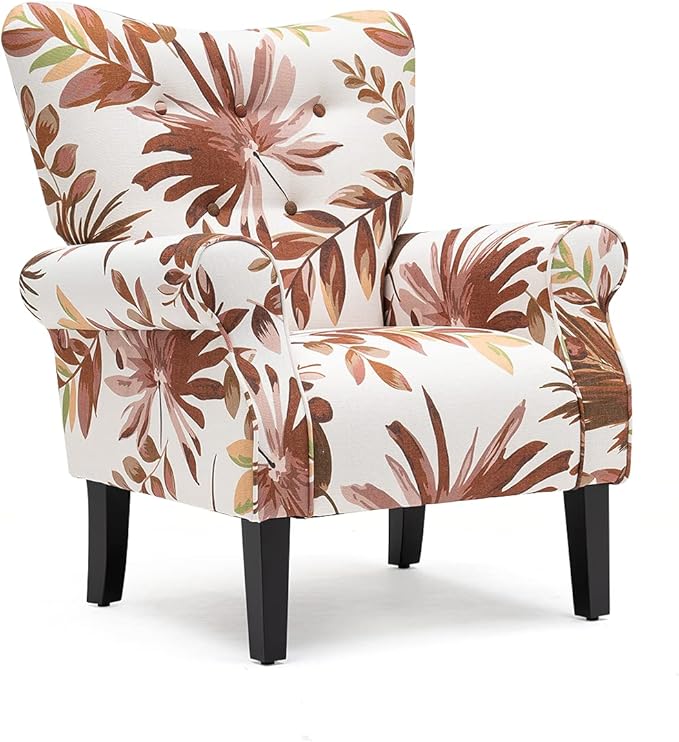 YOLENY Mid Century Wingback Arm Chair,Modern Upholstered Fabric High Back Accent Chair with Wood Legs,Upholstered Single Sofa Club Chair for Living Room, Bedroom, Home Office,Red Leaves