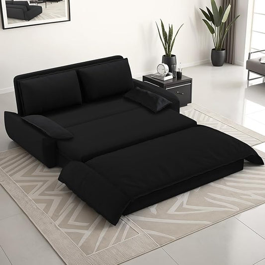 3 in 1 Convertible Sleeper Couch, Queen Full Size Loveseat Pull Out Sofa Bed, Futon Velvet Lounge Sofa with Pillows for Living Room, Bedroom, Apartment, Office, Black