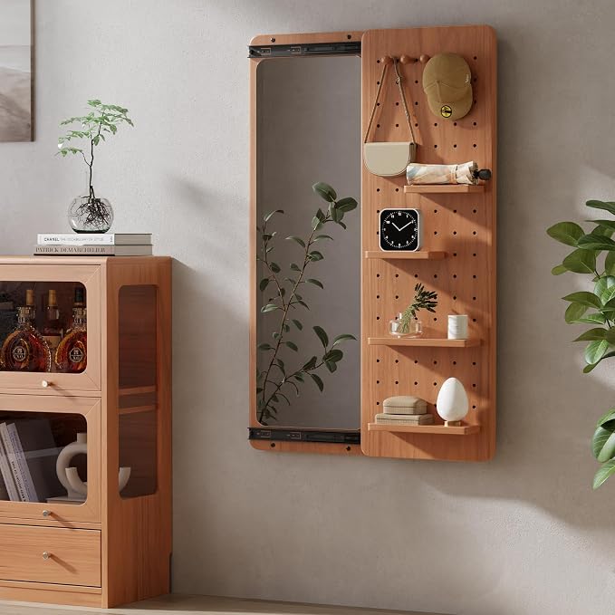 KungFuWood Full Length Mirror with Shelf and Hooks,Entry Way Mirrors for Wall,Wall Mirror with Shelf,Wall Mirror with Storage Multifunctional Design Panel,Living Room - Image 9