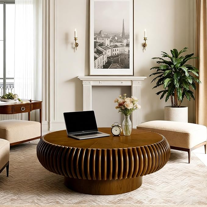 Round Drum Coffee Table Modern Unique Circle Drum Coffee Tables Mid Century Coffee Table with Sturdy Pedestal Fluted Tea Table for Living Room Office Small Space (31.5in Walnut)