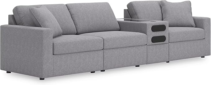 Signature Design by Ashley Modmax Casual Modular Stain Resistant 4-Piece Sectional with Audio Console, Drawer Storage, USB Ports and 2 Accent Pillows, Gray