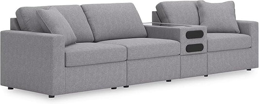 Signature Design by Ashley Modmax Casual Modular Stain Resistant 4-Piece Sectional with Audio Console, Drawer Storage, USB Ports and 2 Accent Pillows, Gray