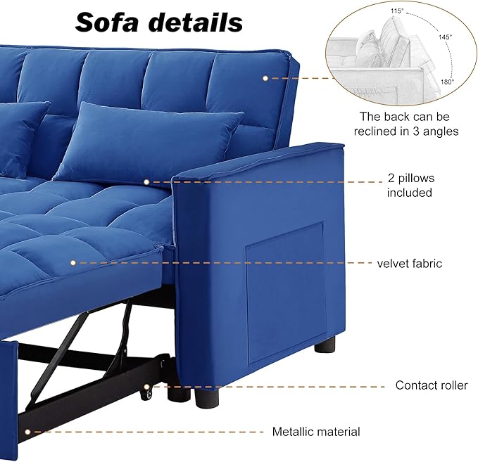 3 in 1 Convertible Sleeper Sofa Bed, Pull Out Couch Loveseat Futon, Adjustable Backrest Velvet Sofa with Pillows and Side Pockets for Living Room Apartment, Blue