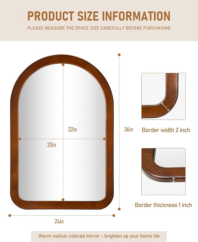 Arched Mirror 24 x 36 Inch,Walnut Brown Wood Rustic Bathroom Tempered Wall Mirror with Wood Frame,Round Corner Arch Farmhouse Wooden Vanity Mirror for Living Room,Entryway or Bedroom - Image 8