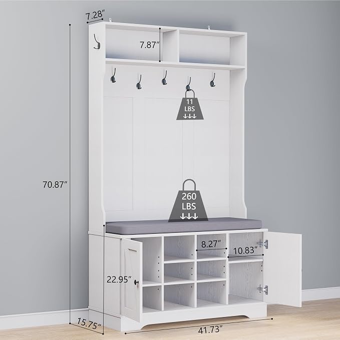 71" Hall Tree with Bench and Shoe Storage, Entryway Hall Tree with 2 Doors and 6 Adjustable Shelves, Cushioned Storage Bench with Coat Rack for Hallway, Living Room, Mudroom - Image 7