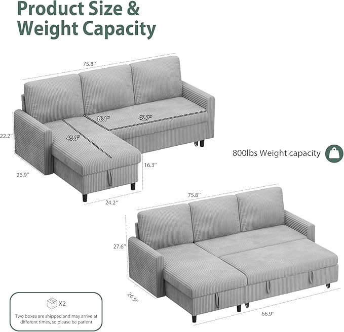 Shintenchi Futon Sofa Bed Convertible Couches L Shaped, 4‑in‑1 Sectional Sleeper Sofa Pull Out Couches for Living Room, Multifunctional Couch with Storage Chaise Corduroy Fabric, Light Gray
