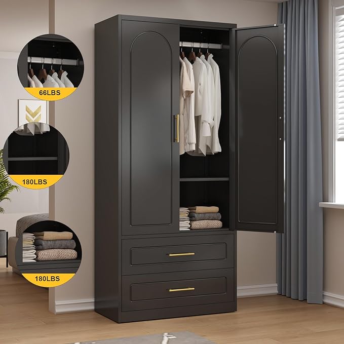SteeLoong Metal Armoire Wardrobe Closet with 2 Drawer,71Inch Black Clothing Storage Cabinets with Hanging Rod, for Bedroom Home Office