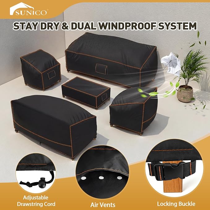 SUNICO Patio Furniture Set Covers, 5 Piece Patio Covers for Outdoor Furniture Waterproof, 420D Outdoor Furniture Cover, UV Fade Protection, Tear-Resistant, Black - Image 5