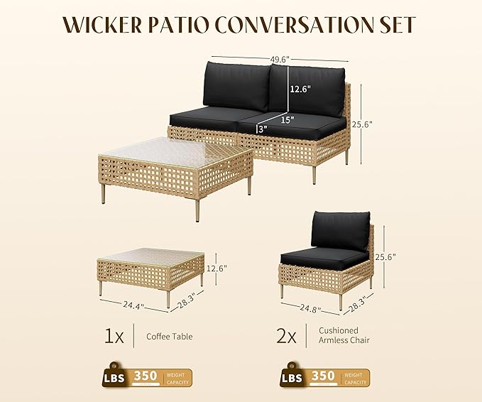 LHBcraft 3 Piece Wicker Patio Furniture Set,Modular Outdoor Furniture,Outdoor Patio Conversation Sets with Fluffy Black Cushions and Coffee Table