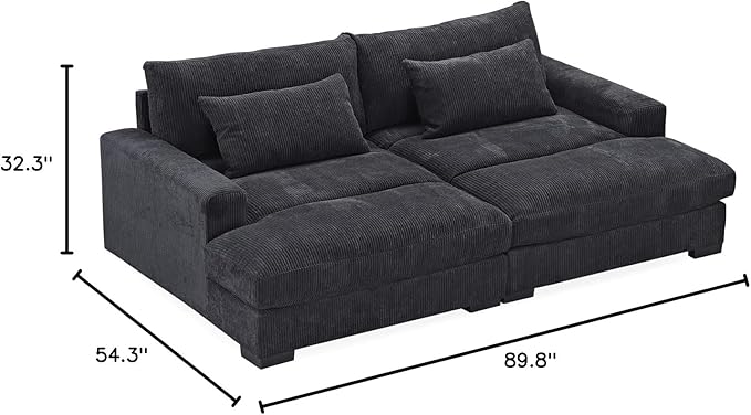 Luxe Sleeper Sofa with Soft Corduroy Upholstery, Double Chaise Design, Convertible to Twin Size Bed, Modern and Comfortable Living Room Couch, 89.9" Wide, Black