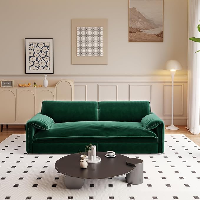 66" Queen Size Pull Out Sofa Bed, 3-in-1 Convertible Sleeper with Side Storage and Wheels, Velvet Loveseat for Living Room, Apartment, Bedroom, Green (Mattress & Bedding Not Included)