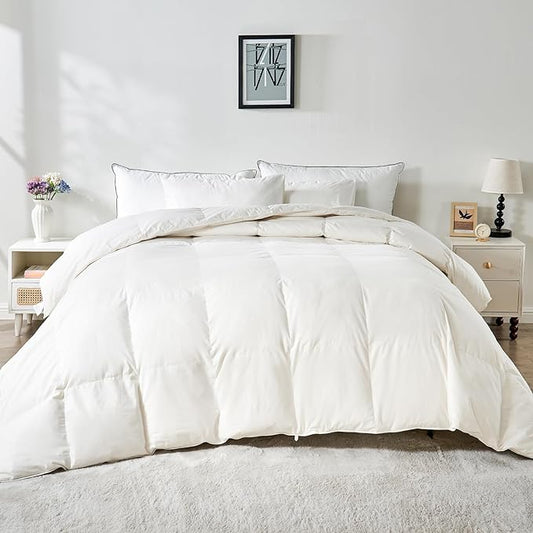 100% Organic Cotton Feather & Down Fibers Comforter Twin Size, All-Season Hotel-Style Hypoallergenic Duvet Insert, Ivory White 68x90 Inch