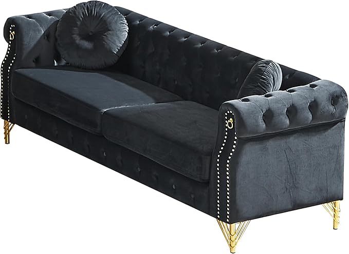 ERYE 82-Inch Button Tufted Sofa Couch with 2 Round Pillows, 3 Seat Velvet Tufted Sofa Spacious Chesterfield Loveseat Couches W/Nailhead Decor,Ring Accent & Golden Legs