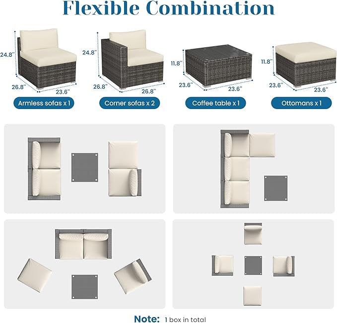5 Pieces Outdoor Patio Furniture Set, Patio Sectional Furniture Set, All-Weather Wicker Rattan Patio Conversation Set with Washable Thick Cushions and Coffee Table, Outdoor Patio Sofa Couch Set, Beige