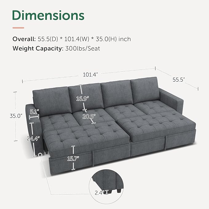 HONBAY Modular Sectional Sleeper Sofa with Pull Out Couch Bed, Convertible Sectional Couches for Living Room,Bluish Grey