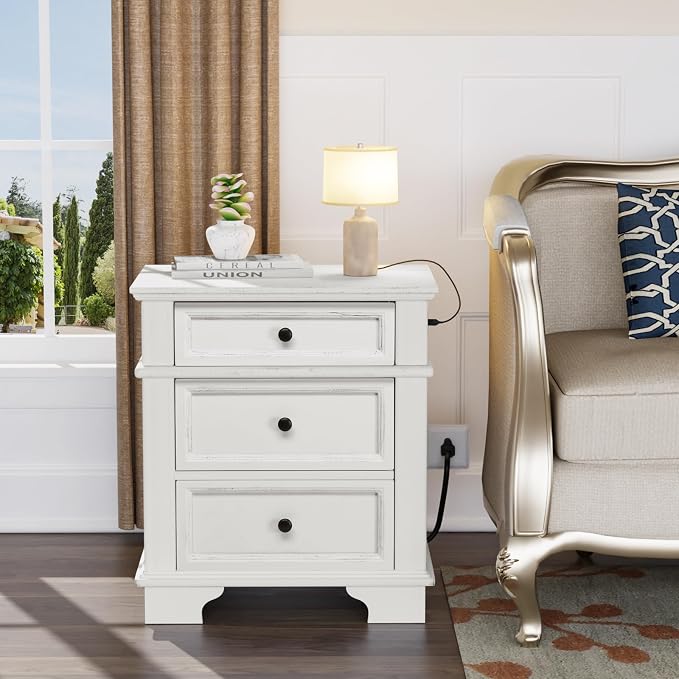 VINGLI Nightstand with Charging Station, 24" W Large Nightstand with 3 Textured Drawers, Bedroom Nightstands w/Curved Legs, Bedside Table, Side Table, Vintage Night Stand, Antique White - Image 8