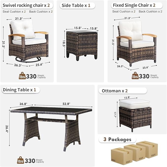 MEISSALIVVE 8 Pieces Patio Furniture Sets, PE Wicker Outdoor Conversation Sets with 2 Wood Armrests Swivel Rocker Chairs, 2 Fixed Single Chairs, 2 Ottomans and Dining Table(Beige)