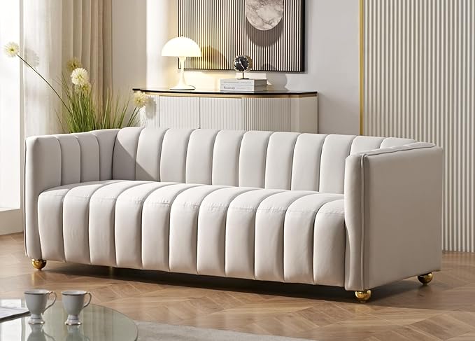 Direct Glam Fabric Upholstered Solid Wood Frame 82.7" Art Deco Sofa for Living Room, Office, Sophisticated 3 Seater Couch, Ivory