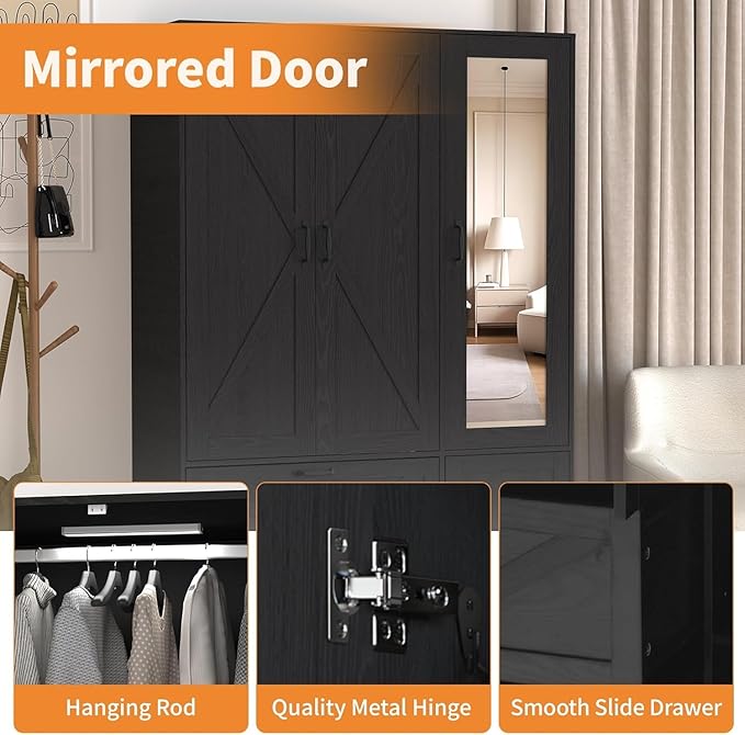 3 Doors Armoire Wardrobe Closet with Mirror Door and LED Lights,Bedroom Armoire with Drawers,Large Capacity Freestanding Armoire with Hanging Rod,Adjustable Shelves and Hooks(Black)