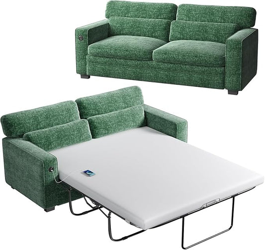 Marsail Pull Out Sofa Bed, Full Size Sleeper Sofa with Memory Foam Mattress, 2 USB Charging Ports & Removable Covers, Chenille Loveseat Couch for Living Room, Apartment, Green