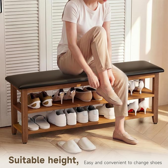 Shoe Bench with Leather Cushion,Wood Bench with Shoe Rack,2-Tier Shoe Storage Organizer for Entryway,Hallway,Living Room (Brown, 2-Tier-47.3") - Image 8