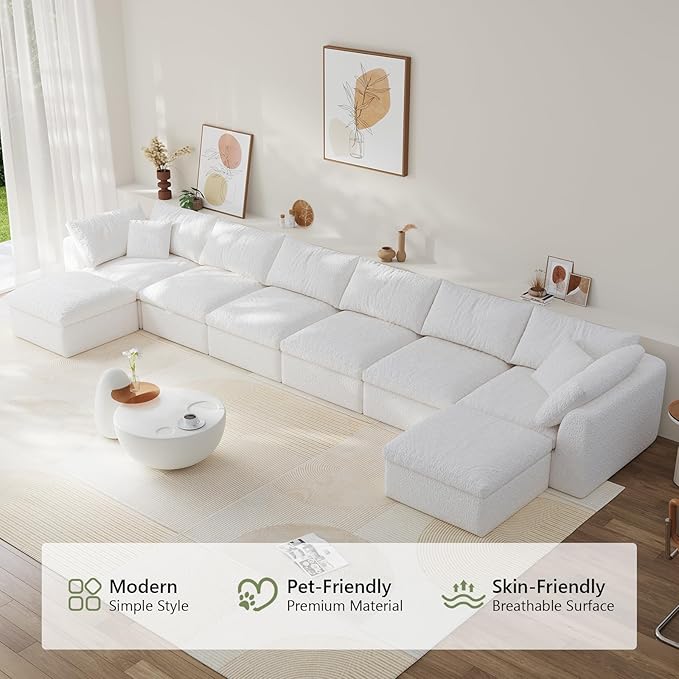 Modular Sectional Sofa Boneless Cloud Couch for Living Room, U Shape Deep Seat Recliner Sofa with Ottoman, Adjustable Backrest & 2 Throw Pillows - Covers Washable, (White, 6 Seater+2 Ottoman)