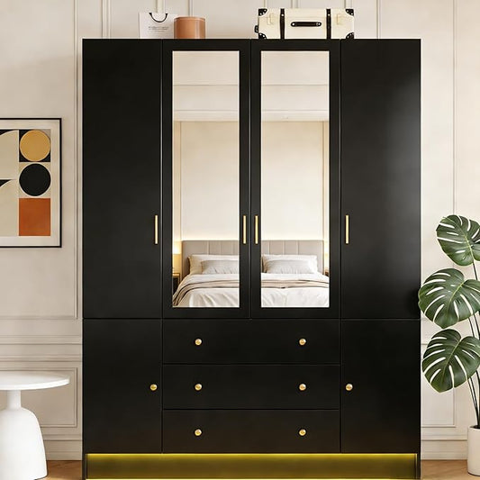 4 Doors Mirrored Wardrobe Armoire Closet with Drawers, LED Armoire Storage Cabinet with Adjustable Shelves & Hanging Rod, 74.8" H Freestanding Clothing Storage Cabinet for Bedroom, Black