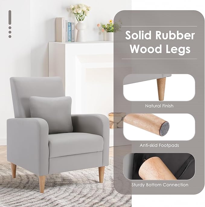 COLAMY Faux Leather Accent Living Room Chairs Set of 1, Upholstered Arm Chair Reading Side Chair, Single Sofa with Back Pillow and Wood Legs, Light Grey