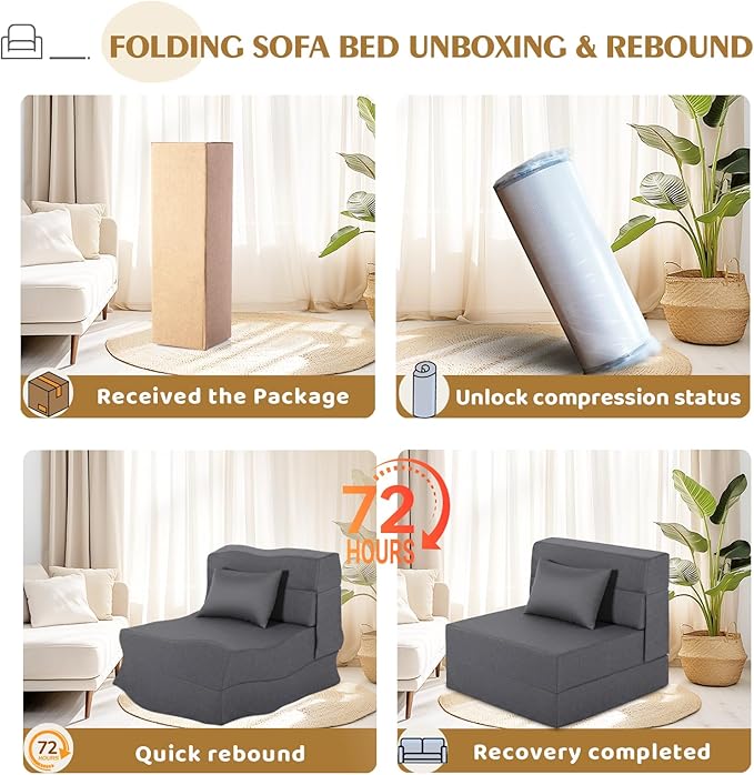 Folding Sofa Bed, Foldable Sleeper Chair with Pillow, Convertible Fold Out Chair Bed with Washable Cover, Foldable Mattress for Living Room, Bedroom, Guest Room, Single Size, Dark Grey