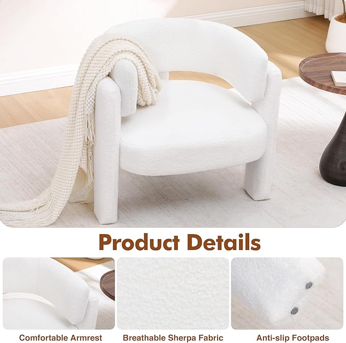 Accent Chairs Set of 2, Modern Sherpa Barrel Chairs, Upholstered Living Room Chairs with 3 Legs, Comfy Armchair Reading Side Chair for Bedroom, Office, Apartment, White