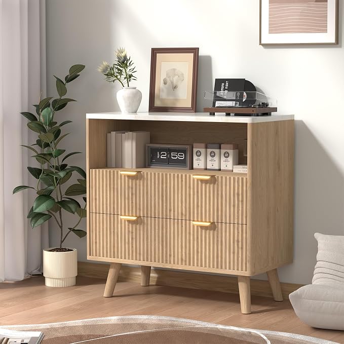 Fluted Nightstand Set of 2, Mid Century Modern Wood Bedside Table with 2 Big Drawers and Faux Marble Top, Natural Oak End Tables for Bedroom or Living Room, 31.5 x 15.8 x 31.5in - Image 7