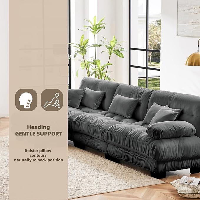 133.8" L-Shaped Cloud Couch, Oversized Modular Sectional Sofa, Deep Seat Cloud Boneless Couch, 3-Seat Modular Sectional Sofa with Ottoman or Living Room,Bedroom and Apartment, Gray