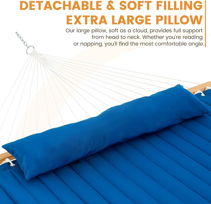 Lazy Daze 12 FT Double Quilted Fabric Hammock with Spreader Bars and Detachable Pillow, 2 Person Hammock for Outdoor Patio Backyard Poolside, 450 LBS Weight Capacity, Dark Blue/Natural - Image 3