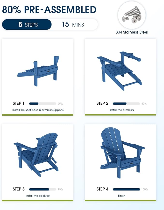 MUCHENGHY Folding Adirondack Chairs HDPE Weather Resistant 6 Pack, Patio Firepit Chairs, Sturdy Outside Chair, Lawn Chairs, 15min Assembly 380lb, Royal Blue - Image 5