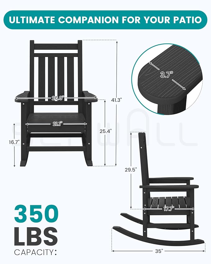 SERWALL Oversized Outdoor Rocking Chair Set of 4, HDPE Rocker for Adults, Patio Rocking Chairs for Porch, Black - Image 3
