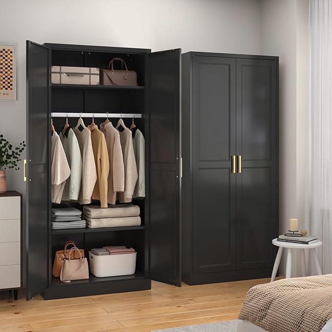 SteeLoong Metal Wardrobe Cabinet with Hanging Rod, 71" Tall Armoire Wardrobe Closet with 2 Doors and Adjustable Shelves, Black Clothing Storage Cabinets for Bedroom, Laundry Room, Cloak Room