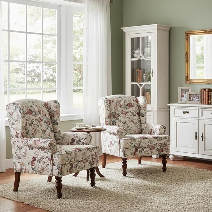 HUIMO Printed Wingback Accent Chair, Linen Upholstered High Back Armchair, Comfy Reading Chair for Living Room Bedroom Study, 300lbs Weight Capacity (2, Red Floral)