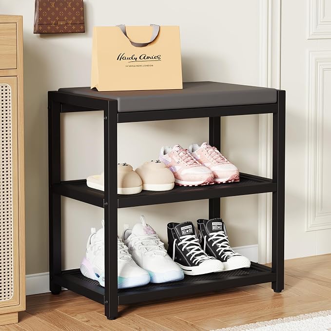 ZHOOGE Small Shoe Bench Shoe Rack Storage Bench Entryway Bench Shoe Shelf with Seat Cushion, Stable Shoe Organizer for Entryway, Living Room, Bench Seat Holds Up to 300 lb, (17"x 10"x 16", L x W x H) by ZHOOGE
