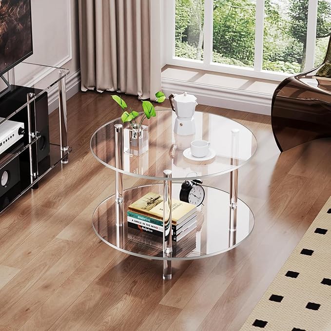 Acrylic Coffee Table, Small Round Modern Coffee Table for Living Room,23.6" D x 23.6" W x 16.5" H