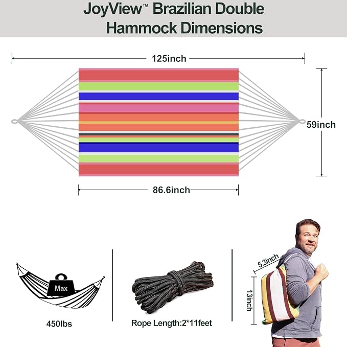 JoyView Brazilian Double Hammock with Hanging Ropes Extra Large 86.6x59” Portable Cotton Hammock for Patio Backyard Porch 450LBS Weight Capacity Perfect for Outdoor/Indoor - Color Stripes - Image 2