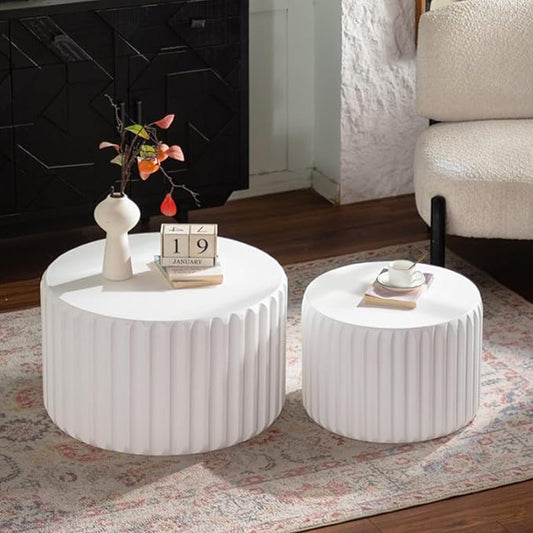 kevinplus 46.46'' White Round Coffee Table Set of 2, Modern Circle Fluted Drum Nesting Elegnant Coffee Table for Living Room, No Assembly, White