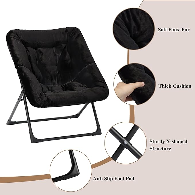 Comfy Saucer Chair for Adults, Set of 2, Soft Faux Fur Bedroom Chair, Accent Dorm Chairs, Flexible Living Room Reading Chairs, Oversized Folding Seat for Teens, X-Large, Black