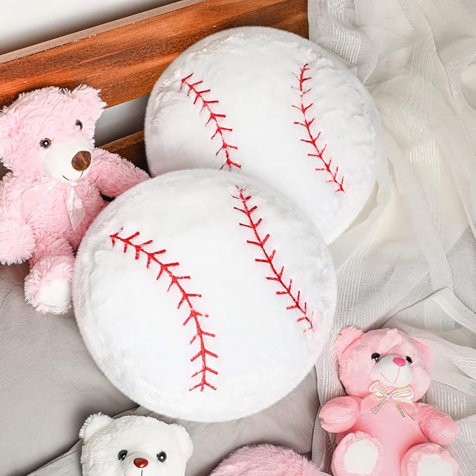 Jetec 2 Pcs Baseball Plush Pillow 14" Cute Baseball Room Decor Sport Theme Throw Pillow Fluffy Round Cushion for Home Bedroom Room Decoration