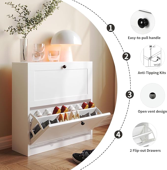 VOWNER Shoe Cabinet with 2 Flip Drawers, Freestanding Shoe Storage Cabinet with Adjustable Shelf & Anti-Tipping Device, Shoe Rack for Entryway, Hallway, Living Room (White) - Image 7