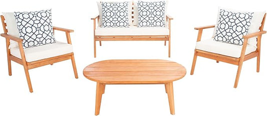 SAFAVIEH Outdoor Deacon Natural and Beige 4-Piece Set with Blue and White Pillows